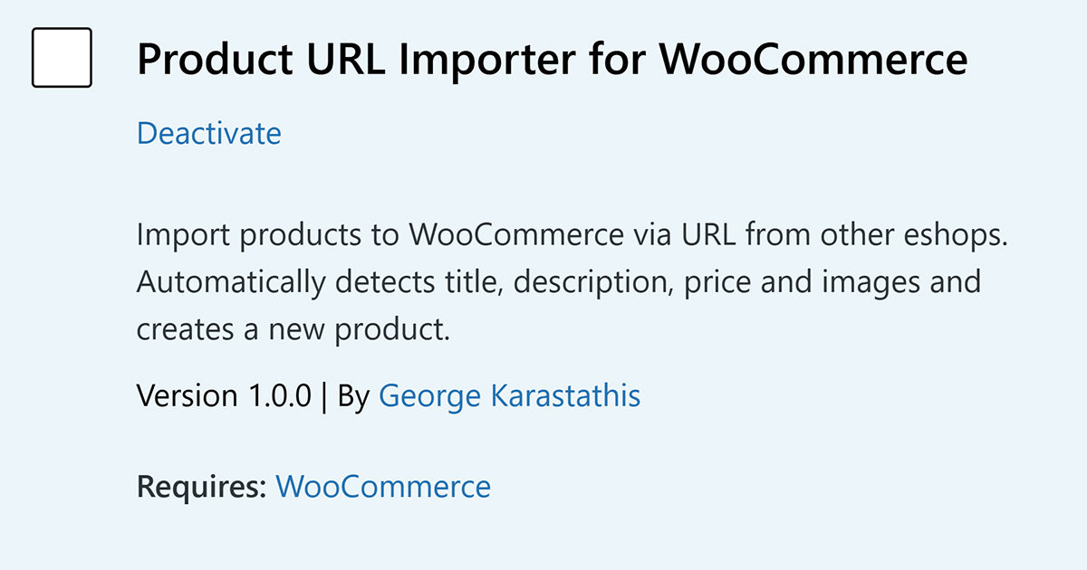 Import WooCommerce products straight from a URL: title, price, images & description auto-filled. One-time 90€ license, lifetime use